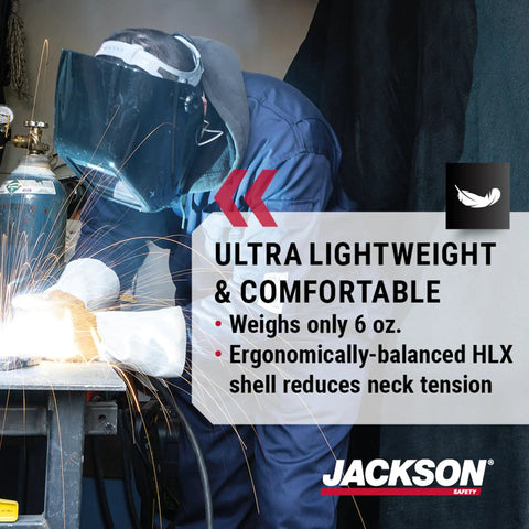 Welder using Featherweight Auto Darkening Welding Helmet With HLX Shell Design For Clear View And All Day Comfort, 6 oz.