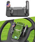 Kickass Flip Up Golf Cart Steering Wheel Cell Phone Mount holding a phone and pencil on a golf cart steering wheel