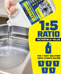 Durabasics Ultrasonic Cleaner Solution bottle pouring into stainless steel sink; bright yellow 1:5 ratio promo beside.