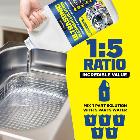 Durabasics Ultrasonic Cleaner Solution bottle pouring into stainless steel sink; bright yellow 1:5 ratio promo beside.