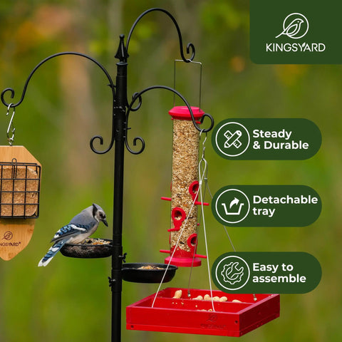 Ultimate Outdoor Bird Feeding Station Kit With 85 Inch Pole And 5 Prong Base, Sturdy Hangable Feeder Stand For Outdoors in use.