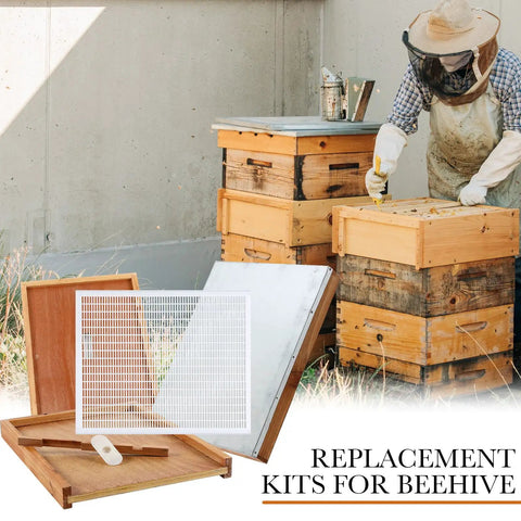 Beekeeping Beehive Parts Kit for 10 Frame Hive with telescoping top cover and wood components in an outdoor setting.