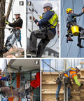 Workers using fall protection safety harness with four quick buckles, full body construction harness, adjustable six point D ring system.