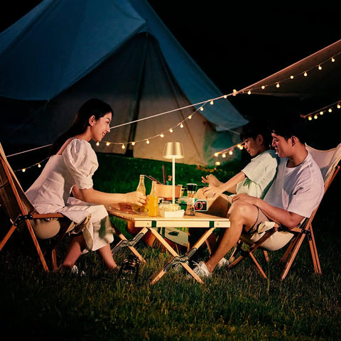 Outdoor group camping with Cordless Table Lamp With Dimmable And Rechargeable Battery, Waterproof Gold Lampshade on table