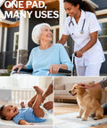 Top Shelf Heavy Duty Disposable Bed Pads 36 By 30 Inch Six Layer Ultra Thick Underpads With Zero Mess Leak Proof Gel Absorbent Quilted Surface Trusted By Nurses And Caregivers 50 Pack in use with an elderly woman, baby, and dog.