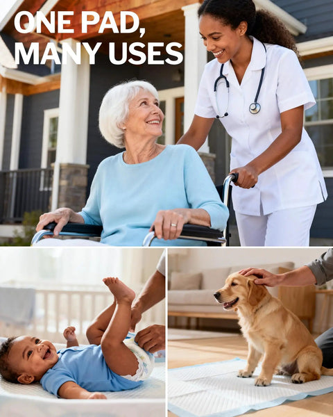 Top Shelf Heavy Duty Disposable Bed Pads 36 By 30 Inch Six Layer Ultra Thick Underpads With Zero Mess Leak Proof Gel Absorbent Quilted Surface Trusted By Nurses And Caregivers 50 Pack in use with an elderly woman, baby, and dog.