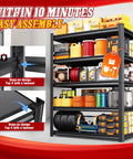 Beefy Heavy Duty Metal Garage Shelving Unit 5 Tier 71 Inch Tall 35 Inch Wide 16 Inch Deep for Tools and Gear, with snap-on assembly and loaded shelves.
