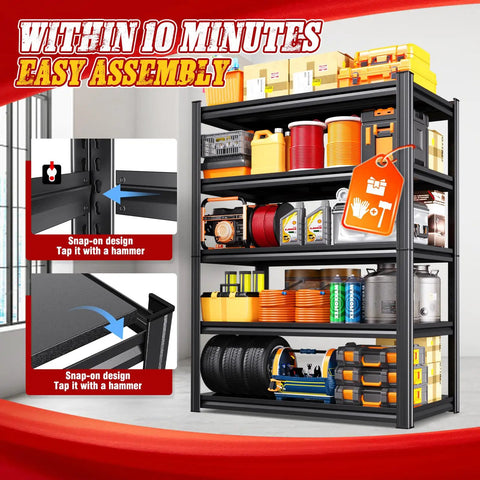 Heavy Duty Metal Garage Shelving Unit, 5-Tier, Built Tough For Tools And Gear image with easy assembly and no-wobble feature.