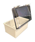 Heavy Duty NEMA 4X Plastic Electrical Enclosure 12 By 8 Inch Light Gray With Hinged Cover open showing interior design.