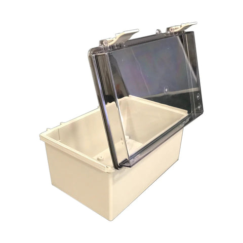 Heavy Duty NEMA 4X Plastic Electrical Enclosure 12 By 8 Inch Light Gray With Hinged Cover open showing interior design.