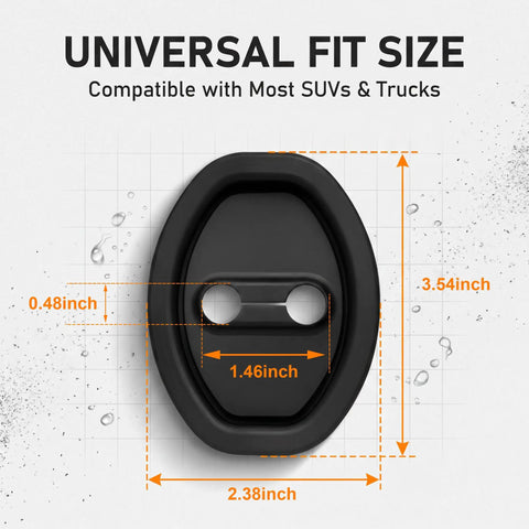 Universal fit black silicone door latch cover showing dimensions, part of Built Damn Solid Black Silicone Door Latch Cover Kit.