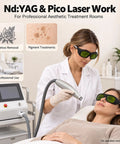 Game Changers Multi Wavelength Laser Safety Glasses Built Tough For Pro Hair Removal And Tattoo Parlors Rocking Legit IPL Eyewear Shields Across UV Infrared And Laser Sources, worn by a technician during laser treatment.