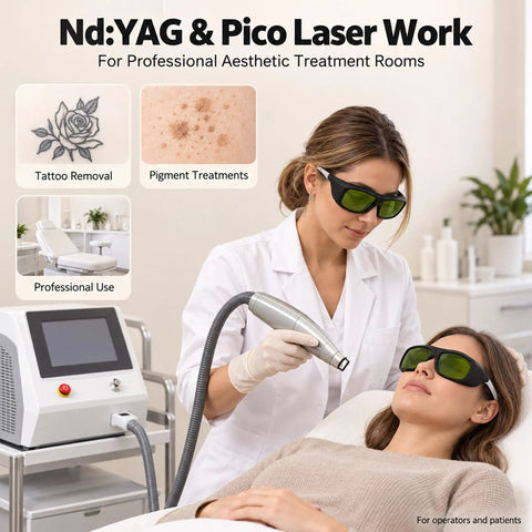 Game Changers Multi Wavelength Laser Safety Glasses Built Tough For Pro Hair Removal And Tattoo Parlors Rocking Legit IPL Eyewear Shields Across UV Infrared And Laser Sources, worn by a technician during laser treatment.