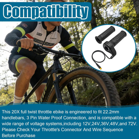 Full Twist Throttle Grip With Waterproof Connector For Ebikes And E Scooters 3 Pin Waterproof Connection Fits 12V To 72V Electric Bicycles Mountain Bikes And Scooters Anti Slip Rubber Grip For Smooth Acceleration And Safety