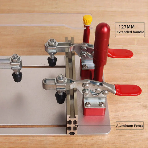 Top view of Router Table Coping Sled With Adjustable Rail Guide for Precise Joints and Clean Cuts, aluminum fence, 127mm handle