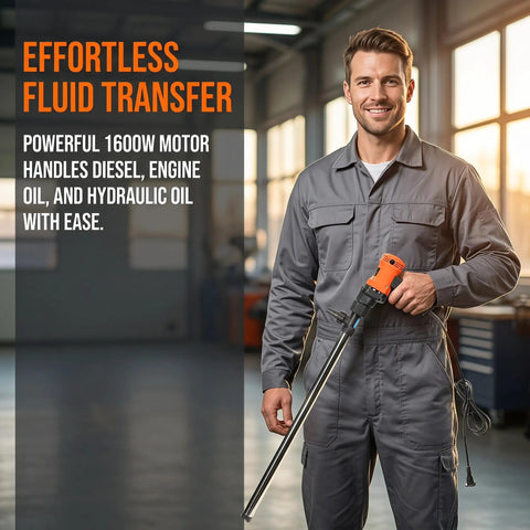 Sick Heavy Duty Electric Oil Transfer Pump With 1600W Motor And Stainless Steel Tube. Works Like A Charm For Diesel, Engine Oil, And Hydraulic Fluids. Variable Speed Control Up To 18000Rpm Makes Job Easy. Total Game Changer For Garage And Shop