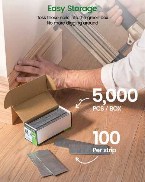 Heavy Duty 1-1/4 Inch 18 Gauge Brad Nails, Galvanized Nail Gun Nails For Pneumatic And Electric Brad Nailer, 5000 Count Finish Fasteners stacked in a storage box.