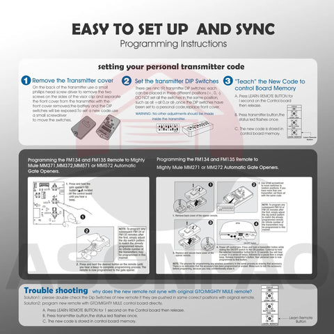 Instruction manual for 3 Channel Gate Opener Remote Replacement 318MHz 9 Dip Switches 3 Positions For Mighty Mule GTO Pro Access Gate Openers.