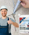Premium Strength Concrete Crack Repair Adhesive and Quick Drying Waterproof Sealant For Driveway Patio Walkways Solid Fix Tough As Nails Outdoor Patch Gray Tube being applied to a crack in concrete.