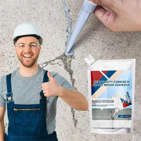 Premium Strength Concrete Crack Repair Adhesive and Quick Drying Waterproof Sealant For Driveway Patio Walkways Solid Fix Tough As Nails Outdoor Patch Gray Tube being applied to a crack in concrete.