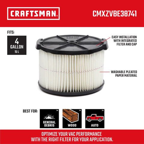 Half Height General Purpose Wet Dry Vacuum Filter For Most 5 To 20 Gallon Shop Vacuums shown with pleated paper material and quick lock system