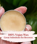 Straight Up Pure Carnauba Wax Flakes For Smooth Skin Care And Lip Balm Making Real Deal Vegan Candle Wax With Leather And Wood Finish Must Have DIY Staples Eight Ounce Bag in a hand-held tin.