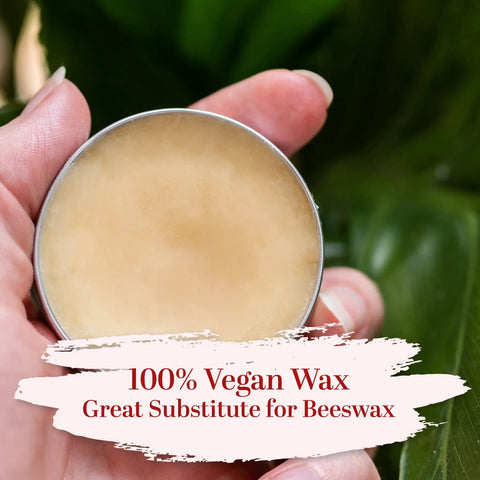 Straight Up Pure Carnauba Wax Flakes For Smooth Skin Care And Lip Balm Making Real Deal Vegan Candle Wax With Leather And Wood Finish Must Have DIY Staples Eight Ounce Bag in a hand-held tin.