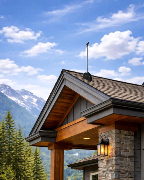 Heavy Duty Adjustable Roof Sprinkler System for Wildfire Protection mounted on a roof, featuring stainless steel and brass details.