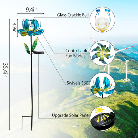 Solar Powered Garden Wind Spinner Light With Blue Lotus Crackle Glass Globe Waterproof LED Outdoor Decor Stake dimensions diagram