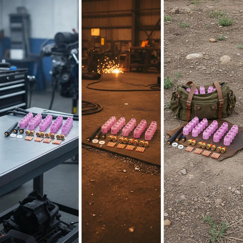 Grab This Awesome 58-Piece Luwecf TIG Consumables Kit For Your Torch with pink alumina nozzles and collets on a table, workspace, and bag.