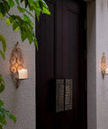Realistic 3 Inch Flameless Candles Set of 2 With Remote Flicker in wall sconces at outdoor entrance