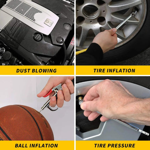 19 Piece Air Compressor Accessories Kit With 25 Ft Hybrid Hose Three Eighths Inch And One Quarter Inch NPT Quick Connect Fittings Includes Air Blow Gun Tire Gauge Wire Brush And Cleaning Tools Must Have For Your Home Shop used for dust blowing, tire and ball inflation, and tire pressure measurement.