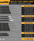 16 Piece Metal Punch And Chisel Set For Wood And Auto Projects With Precision Sharpened Edges, Heavy Duty And Impact Resistant