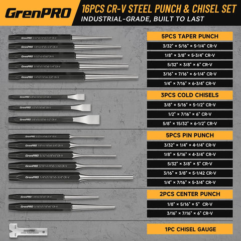 16 Piece Metal Punch And Chisel Set For Wood And Auto Projects With Precision Sharpened Edges, Heavy Duty And Impact Resistant