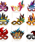 Colorful decorative masks featuring feathers and floral designs, suitable for parties and celebrations.