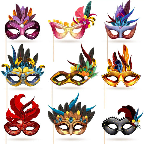 Colorful decorative masks featuring feathers and floral designs, suitable for parties and celebrations.