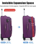 Softside Expandable Carry On Luggage With Four Spinner Wheels, Durable 21-Inch Suitcase Expands About 20 Percent For Extra Packing Room, Purple Weekend Ready showing before and after expansion