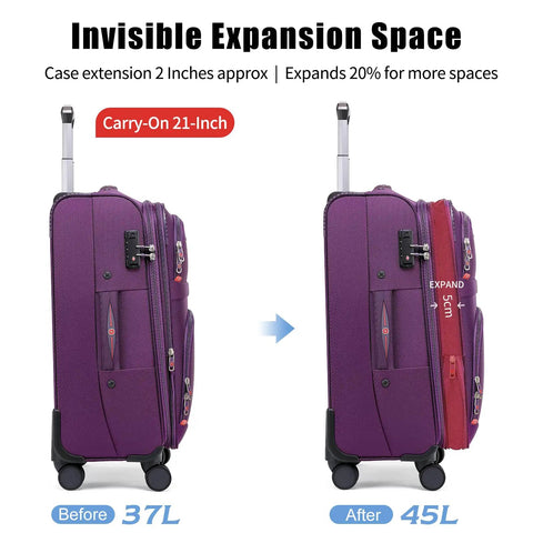 Softside Expandable Carry On Luggage With Four Spinner Wheels, Durable 21-Inch Suitcase Expands About 20 Percent For Extra Packing Room, Purple Weekend Ready showing before and after expansion