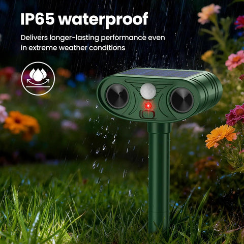 Solar Ultrasonic Animal Repellent Outdoor Motion Sensor Deterrent For Yard Garden Lawn Four Pack Keeps Deer Squirrels Cats Raccoons Rabbits And Dogs Away With PIR Sensor IP65 waterproof garden stake in rain