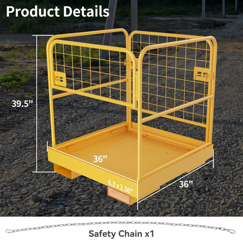YINTATECH forklift safety cage, front view, 36x36 in yellow steel work platform with rails, 1150 lb capacity