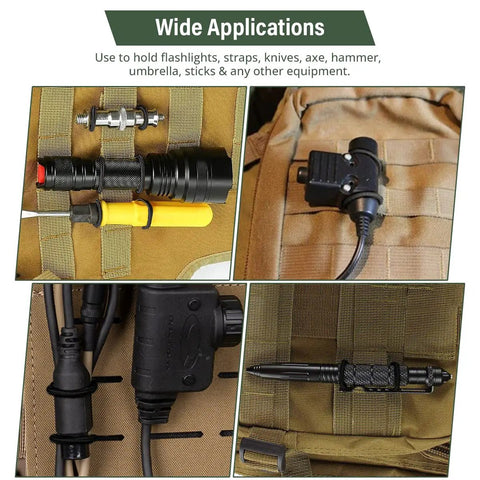 Elastic MOLLE Binding Ribbon Kit for Backpacks and Vests holding gear on tactical vest panel