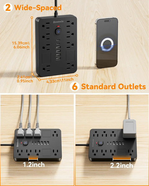 Beefed-Up Surge Protector Power Strip With Eight Outlets And Six USB Ports Including Two USB C Ports 1850W 15A 6FT Flat Plug Extension Cord ETL Listed For Home Office Dorm Room Black, 6.06in tall