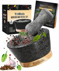 6 Inch Granite Mortar And Pestle Set With Anti Scratch Wood Base, Heavy Duty Grinder For Spices And Herbs, Also A Pill Crusher