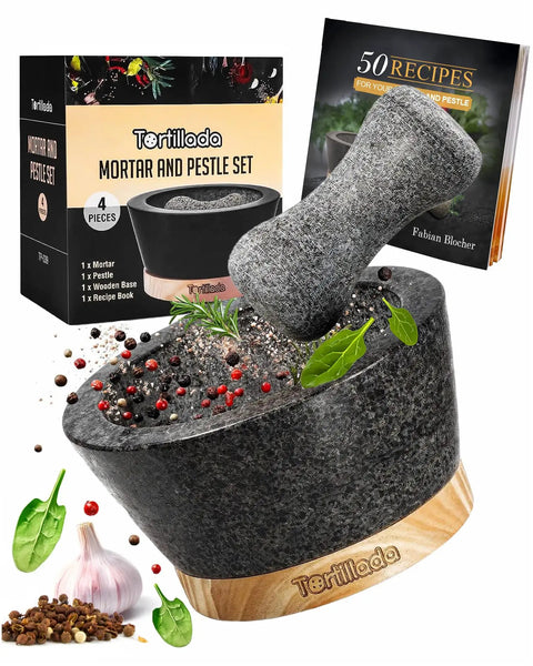 6 Inch Granite Mortar And Pestle Set With Anti Scratch Wood Base, Heavy Duty Grinder For Spices And Herbs, Also A Pill Crusher