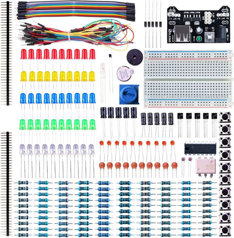 Dope Electronic Fun Kit Bundle With Breadboard, Jumper Wires, Resistors, Capacitors, LEDs, Potentiometer, Power Module And 200 Plus Components For Arduino Projects, laid out neatly.