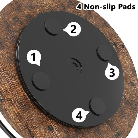 Bottom view of Rotating Nine Inch Lazy Susan Spice Organizer with non-slip pads on black base and wood tray, for kitchen use.