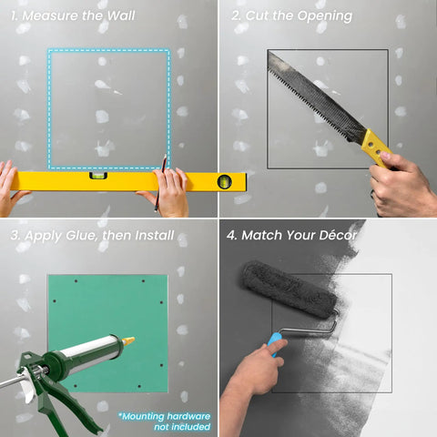Installing Solid Build 12X12 Inch Drywall Access Panel With Tough Aluminum Frame and Easy Click Finish for plumbing and electrical use.