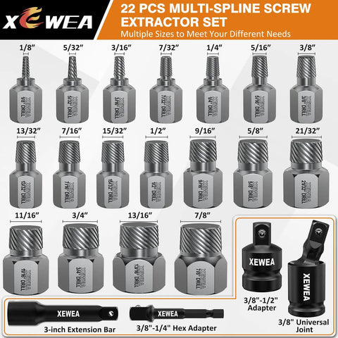 22-Piece Screw Extractor Set For Stripped Bolts And Nuts, Multi-Spline Easy Out Remover Kit with adapters and extensions, CR-MO steel