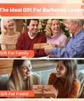 Families and friends exchanging gifts titled 'The Ideal Gift For Barbecue Lovers' with a festive background.