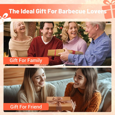 Families and friends exchanging gifts titled 'The Ideal Gift For Barbecue Lovers' with a festive background.